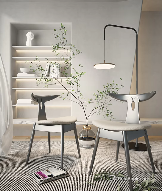 Modern Leisure Chairs in Bright Contemporary Interior with Hanging Lamp Green Plants and Bookshelf 3d model 