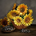 Vibrant Sunflower Bouquet In Wicker Basket With Seeds On Wooden Table Against Light Wall