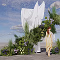 Scenic Photo Spot With White Drapery Green Foliage And Purple White Flowers