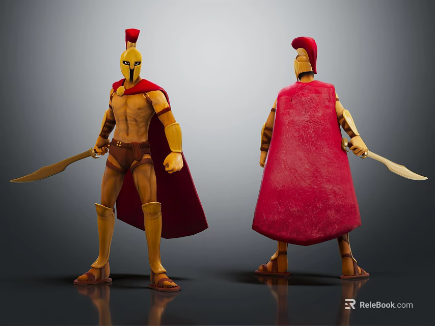 Spartan Warrior Figurine Front And Back View With Red Cape Golden Helmet And Spear 3d model 