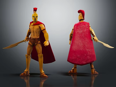 Spartan Warrior Figurine Front And Back View With Red Cape Golden Helmet And Spear 3d model