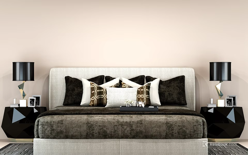 Modern Double Bed With Black White Brown Pillows And Bedside Table Lamps 3d model 