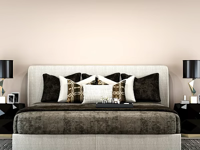 Modern Double Bed With Black White Brown Pillows And Bedside Table Lamps 3d model