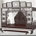Dark Carved Chinese Style Double Bed with Openwork Screen Design and White Curtains Light Backdrop 3d model