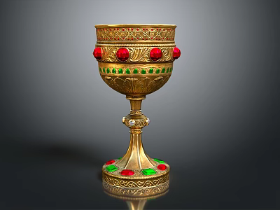 Ornate Golden Wine Goblet With Red Green Gemstones And Intricate Carved Design 3d model
