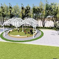Pergola with Net-like Structure in Park Square Surrounded by Trees and Circular Platform for Relaxing