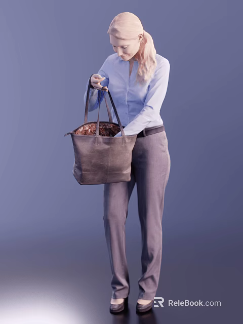 Woman Holding Brown Handbag With Patterned Interior Wearing Blue Shirt And Gray Pants Against Purple Background 3d model 