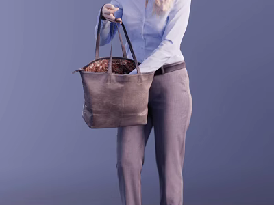 Woman Holding Brown Handbag With Patterned Interior Wearing Blue Shirt And Gray Pants Against Purple Background 3d model