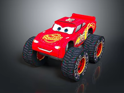 Red Cartoon Toy Truck With Big Eyes Flame Patterns And Large Tires 3d model