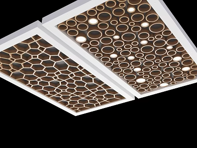 Modern Exhibition Hall Ceiling With Honeycomb And Circular Hole Patterns White Frame And Lighting 3d model
