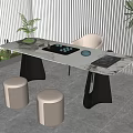 Modern Tea Table and Chairs Interior with White Top Black Legs Beige Stools Tea Set 3d model