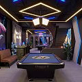 Modern Stylish Billiard Room Interior With Neon Lights Billiard Table Comfortable Seating And Decorative Walls