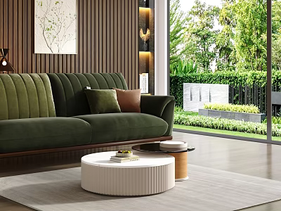 Green Striped Sofa And Round Coffee Table Set In Modern Living Room With Garden View 3d model