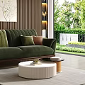 Green Striped Sofa And Round Coffee Table Set In Modern Living Room With Garden View