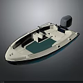 Small Recreational Motorboat With Outboard Motor White Hull Blue Trim And Green Deck Mat