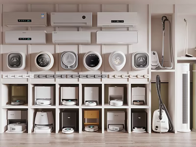 Assorted Household Electrical Appliances Display With Air Conditioners Washing Machines Vacuum Cleaners And Fans 3d model
