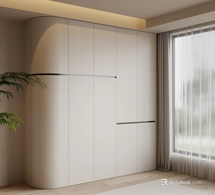Modern White Wardrobe in Room with Light Colored Curtains Window and Green Plant 3d model 