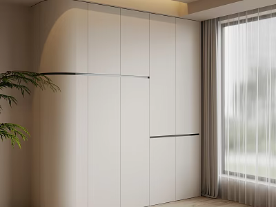 Modern White Wardrobe in Room with Light Colored Curtains Window and Green Plant 3d model