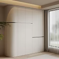 Modern White Wardrobe in Room with Light Colored Curtains Window and Green Plant