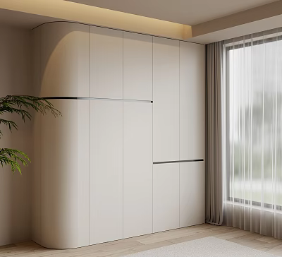 Modern White Wardrobe in Room with Light Colored Curtains Window and Green Plant 3d model