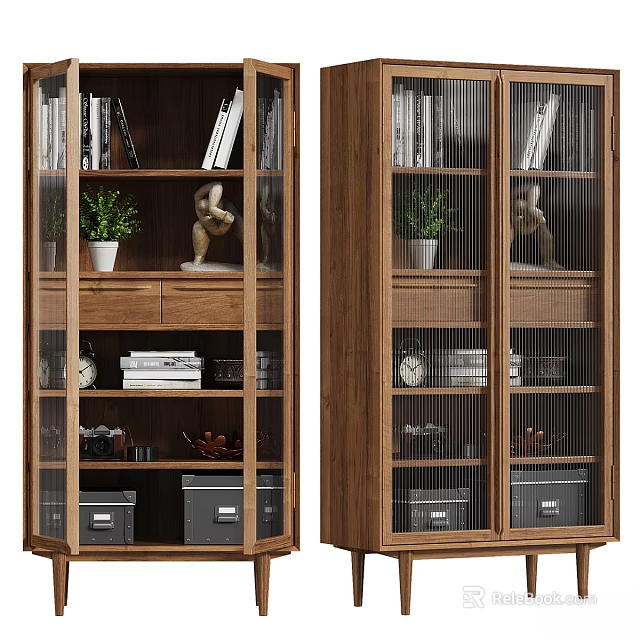 Wooden Display Cabinet Shelves With Glass Doors Storage Books Decorative Items And Organizer Boxes 3d model 