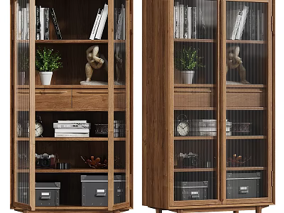Wooden Display Cabinet Shelves With Glass Doors Storage Books Decorative Items And Organizer Boxes 3d model