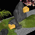 Natural Indoor Landscape With Stones Yellow Lights Green Moss Ferns And Red Maple Leaves
