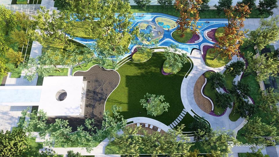Residential Landscape Design With Green Lawn Trees Water Features And Pathways 3d model 