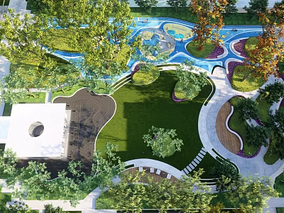 Residential Landscape Design With Green Lawn Trees Water Features And Pathways 3d model
