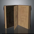 Open Wooden Book With Intricate Text And Decorative Design On Pages