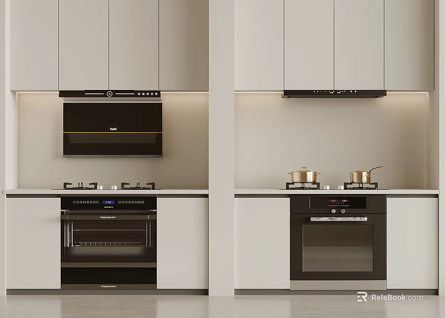 Modern Kitchen Interior Design With Cabinets Range Hood Gas Stove Oven And Kitchen Appliances 3d model 