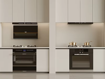 Modern Kitchen Interior Design With Cabinets Range Hood Gas Stove Oven And Kitchen Appliances 3d model