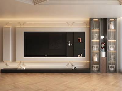Elegant Modern TV Wall Design With Decorative Moldings Ambient Lighting And Built In Display Cabinets 3d model