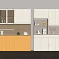 Modern Sideboard With White Yellow Cabinets Glass Doors Decorations On Shelves And Wooden Floor