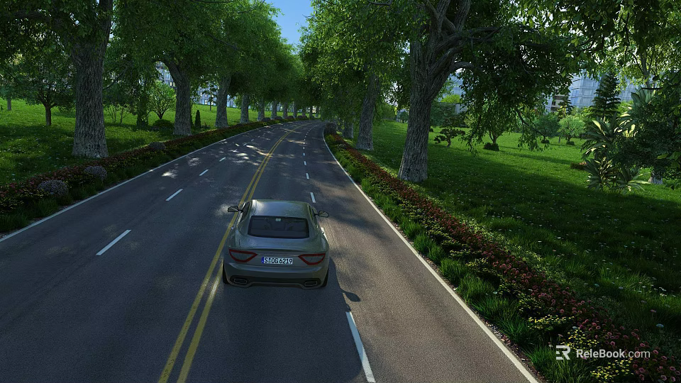 Municipal Road With Car Driving Along Lined By Trees And Green Belts On Both Sides 3d model 