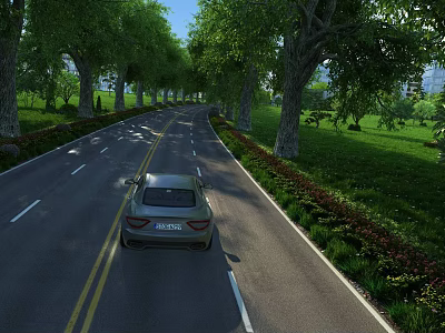 Municipal Road With Car Driving Along Lined By Trees And Green Belts On Both Sides 3d model
