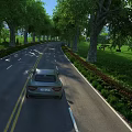 Municipal Road With Car Driving Along Lined By Trees And Green Belts On Both Sides