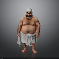 Sumo Wrestler With White Headband Big Mustache And White Loincloth Standing Barefoot On Gray Background