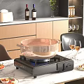 Modern Kitchen Interior With Gas Stove Stainless Steel Pot Marble Countertop And Wine Glasses