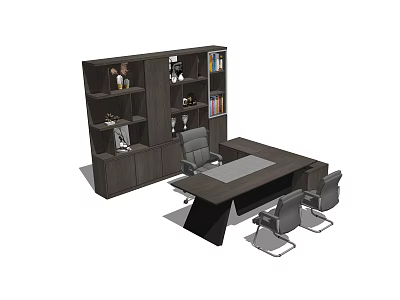 Modern Office Desk With Wooden Bookshelf Books Decorations And Chairs 3d model