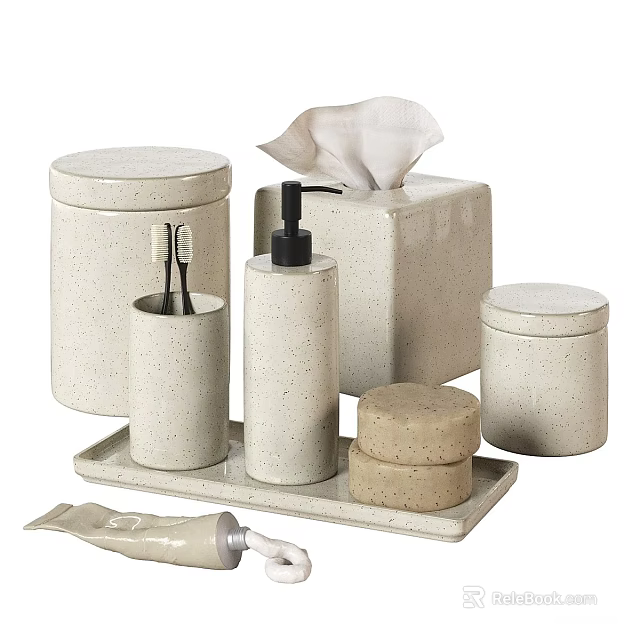 Modern Bathroom Washing Essentials With Speckled Ceramic Jars Tissue Box Soap And Tray 3d model 