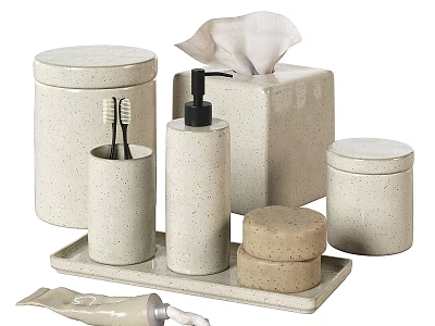 Modern Bathroom Washing Essentials With Speckled Ceramic Jars Tissue Box Soap And Tray 3d model
