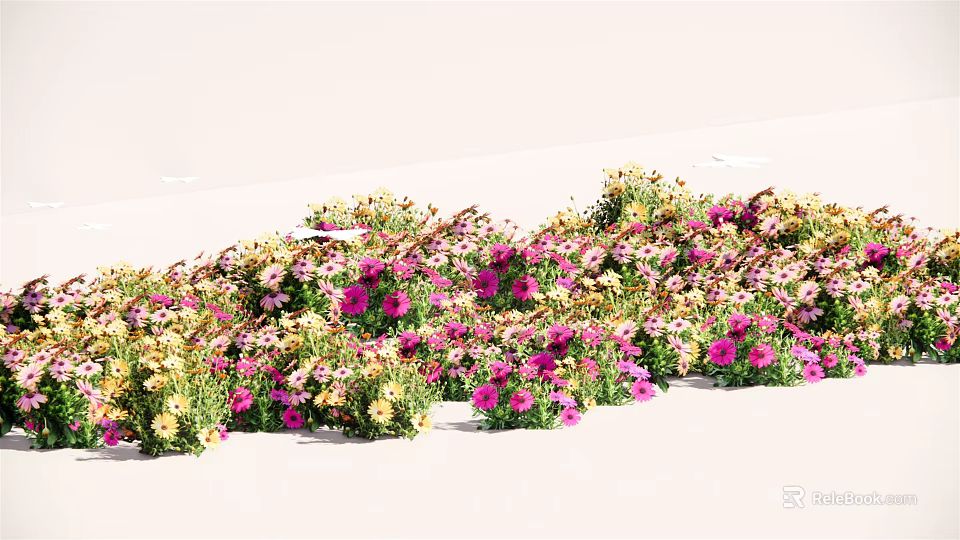 Lush Colorful Floral Plants With Pink Yellow Purple Flowers In Wavy Arrangement On White Ground 3d model 