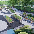 Residential Landscape With Tall Buildings Lush Trees Recreational Pathways Benches And People