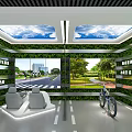 Green Indoor Space With Plant Walls Blue Sky Ceiling Bicycle And Seats