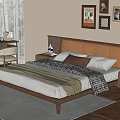 Cozy Bedroom Interior With Wooden Bed Nightstand Desk Laptop Curtains And Wall Art Paintings