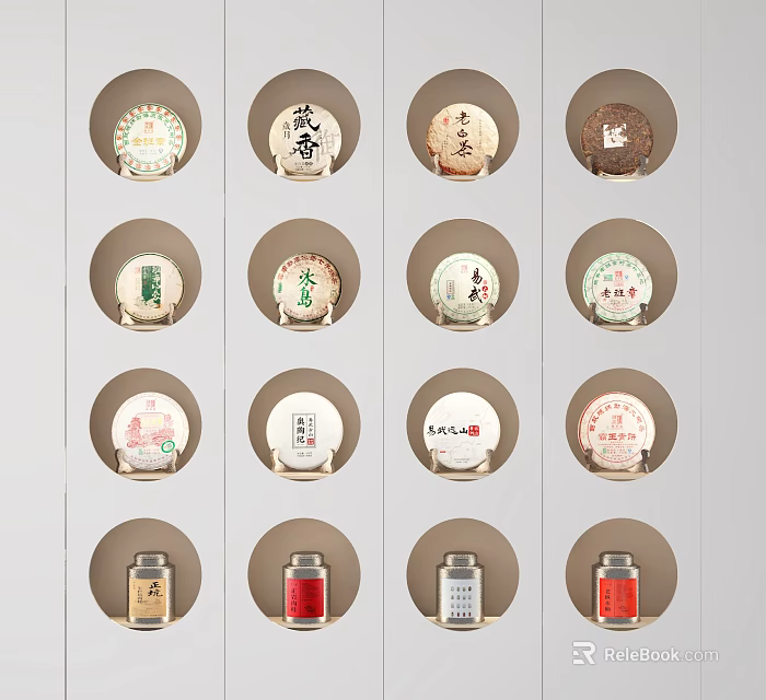 Chinese Traditional Tea Sets With Various Round Tea Cakes And Square Tea Caddies Neatly Arranged 3d model 