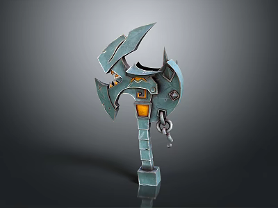 Mythical Fantasy Axe With Metallic Blue Blades Orange Accents And Chain Detail 3d model