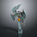 Mythical Fantasy Axe With Metallic Blue Blades Orange Accents And Chain Detail
