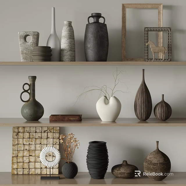 Ceramic Vessels in Various Shapes and Neutral Tones Displayed on Wooden Shelves for Modern Home Decor 3d model 